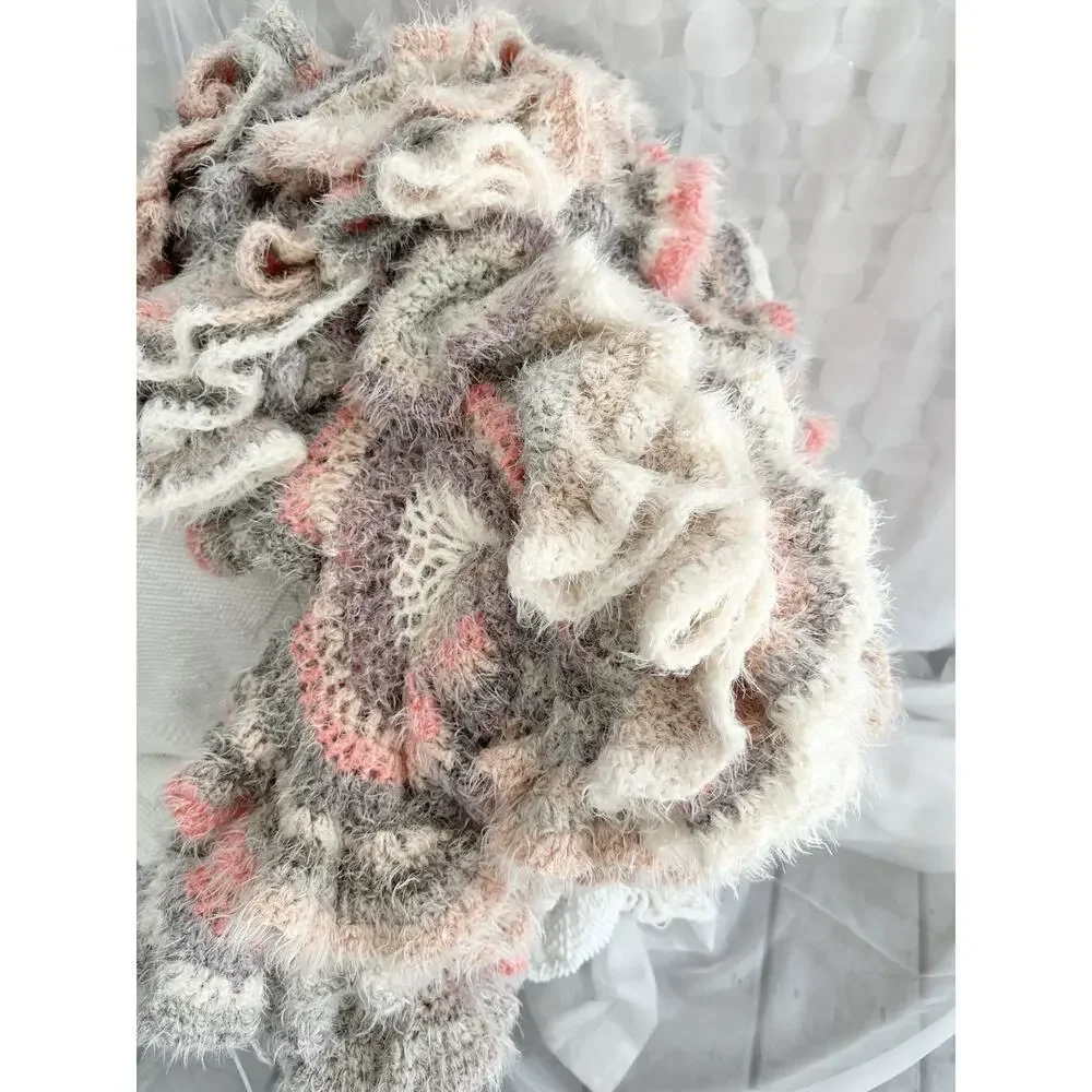 Hand Made LONG Curly Crochet CORKSCREW Throw Blanket FUZZY Grey Beige Pink